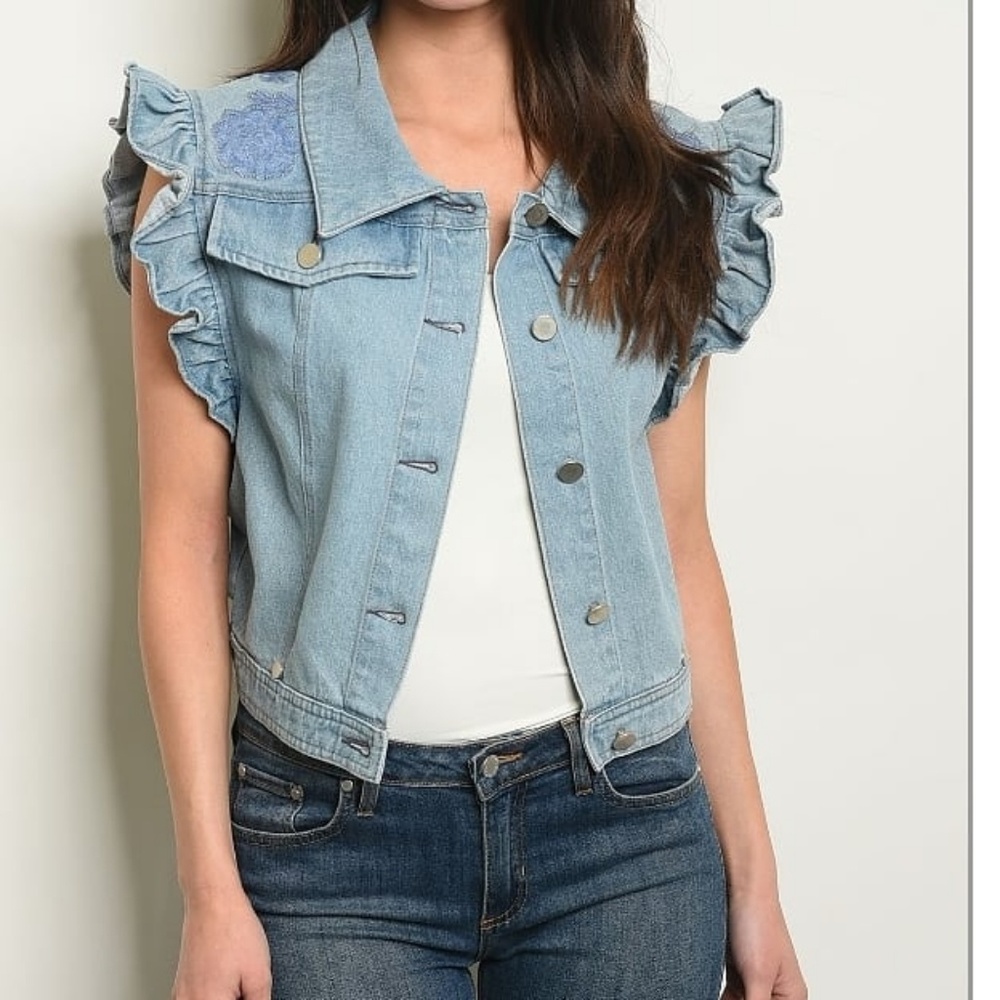 Denim Light Blue Jean Embroidered Boho Vest